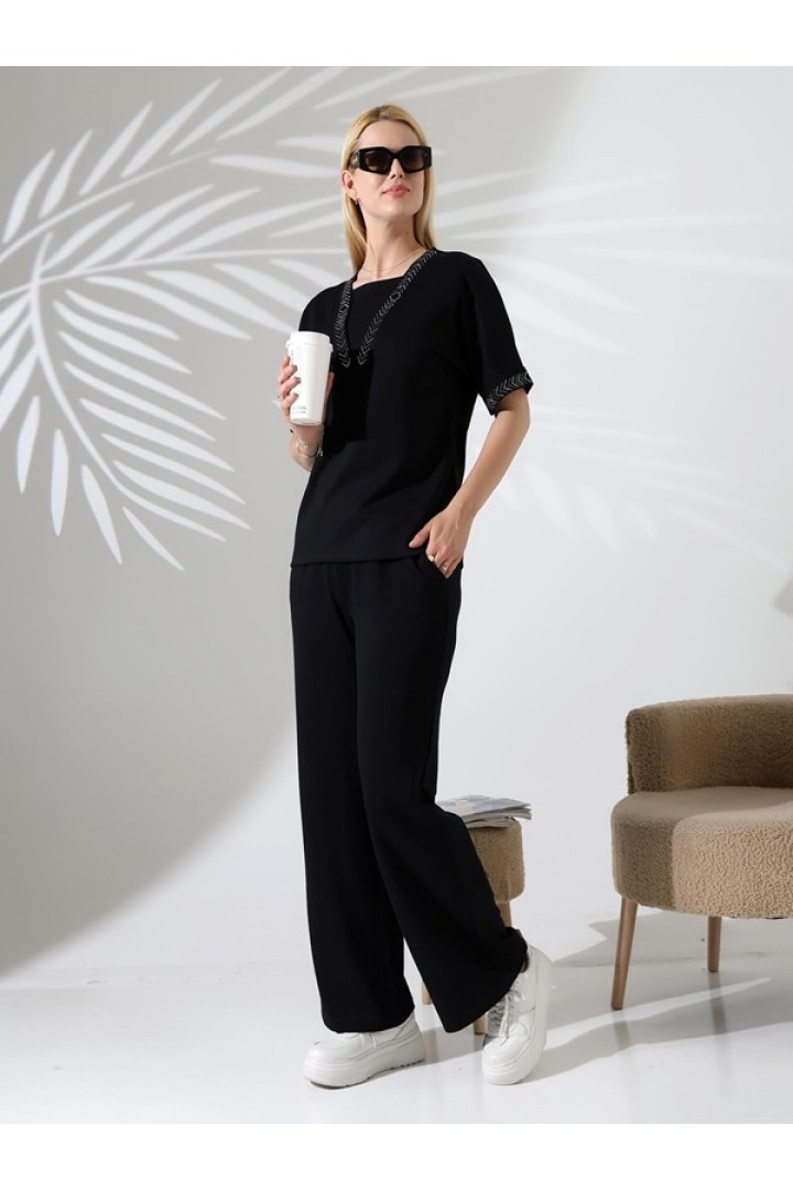 SİYAH TAŞ DETAYLI İKİLİ TAKIM 