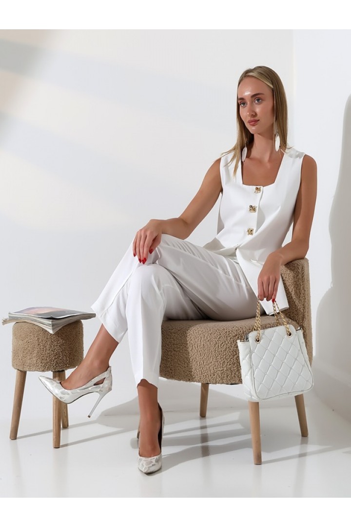 DÜĞME DETAYLI YELEK PANTOLON ( BEYAZ )