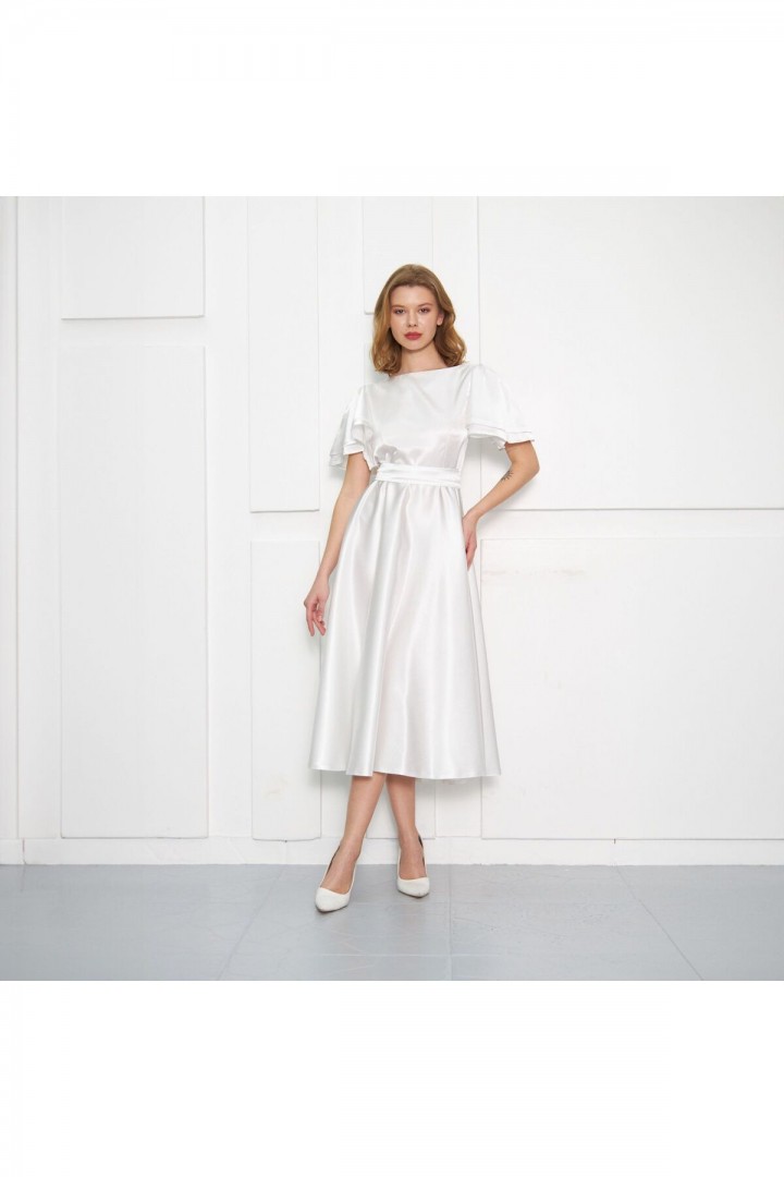 KUŞAK DETAYLI BEYAZ ÇİFT KOL PRENSES ABİYE 