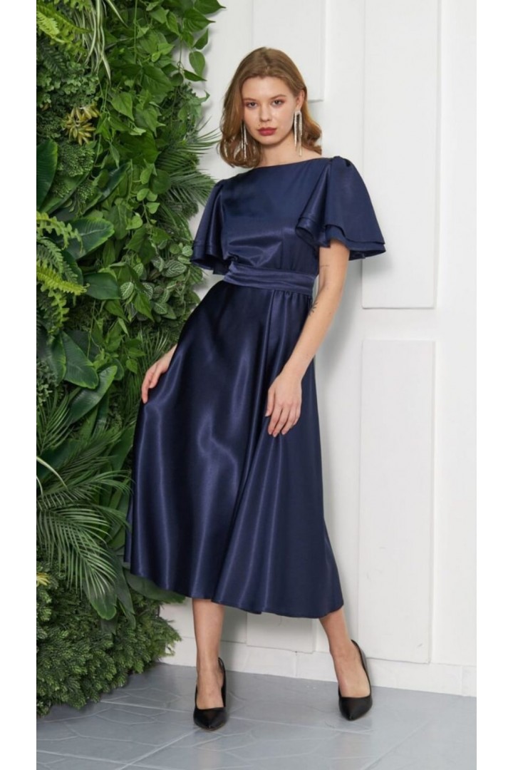 KUŞAK DETAYLI LACİVERT ÇİFT KOL PRENSES ABİYE 