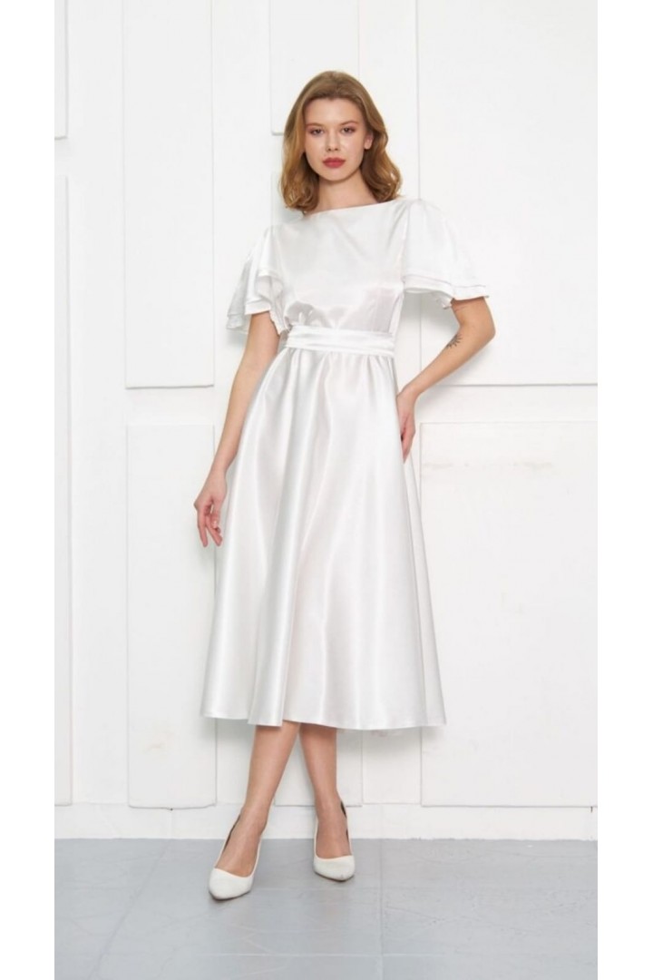 KUŞAK DETAYLI BEYAZ ÇİFT KOL PRENSES ABİYE 