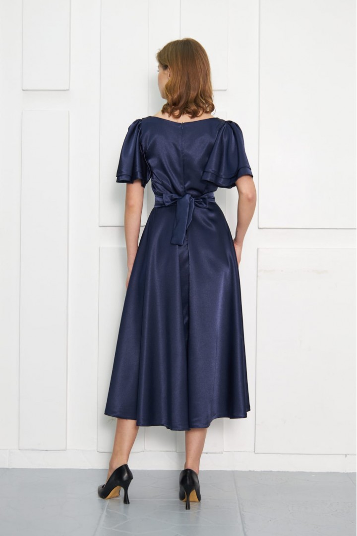 KUŞAK DETAYLI LACİVERT ÇİFT KOL PRENSES ABİYE 