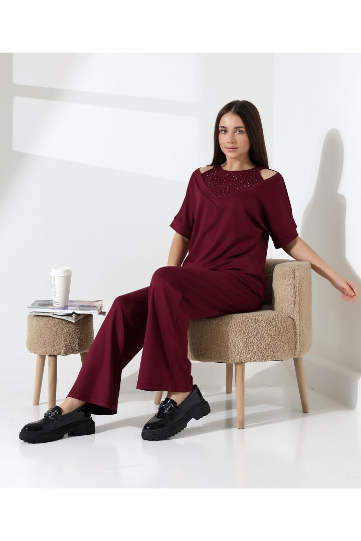 BORDO V YAKA İŞLEMELİ KADIN TAKIM