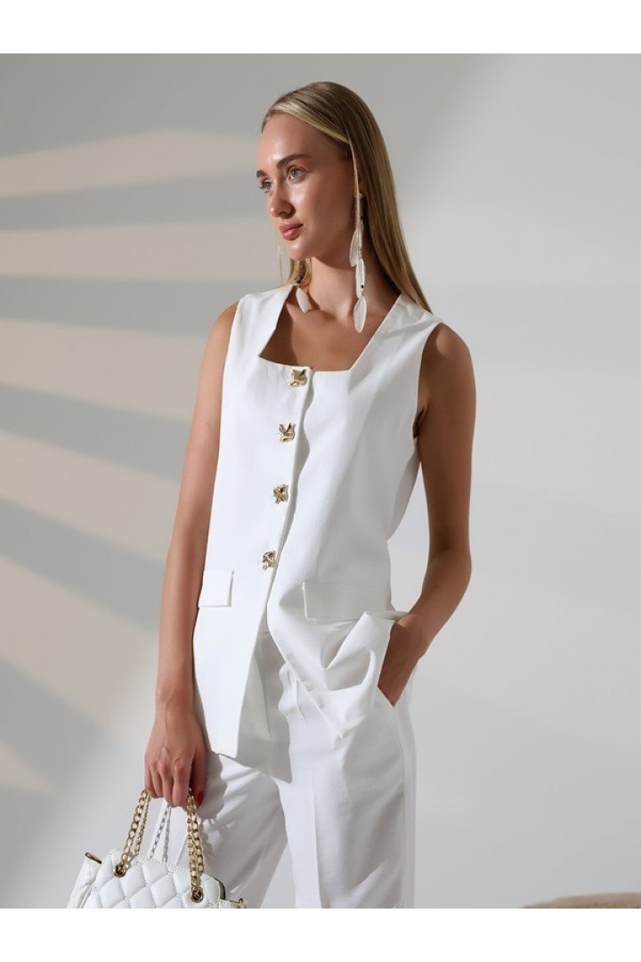 DÜĞME DETAYLI YELEK PANTOLON ( BEYAZ ) 